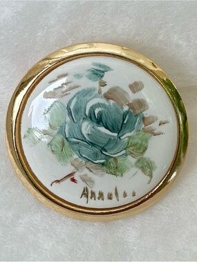 Hand Painted Porcelain Round Floral Brooch Pin Artist Signed Rose Jewelry
